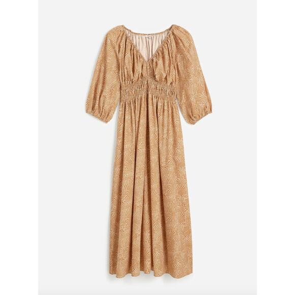 Madewell V Neck Balloon Sleeve Maxi Dress Spiral Dot Tan Smocked Boho US 00 NWT - Picture 6 of 16